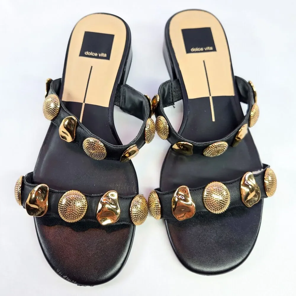 Dolce Vita Farrow Studded Slide Sandals Black Gold Women’s Size 7